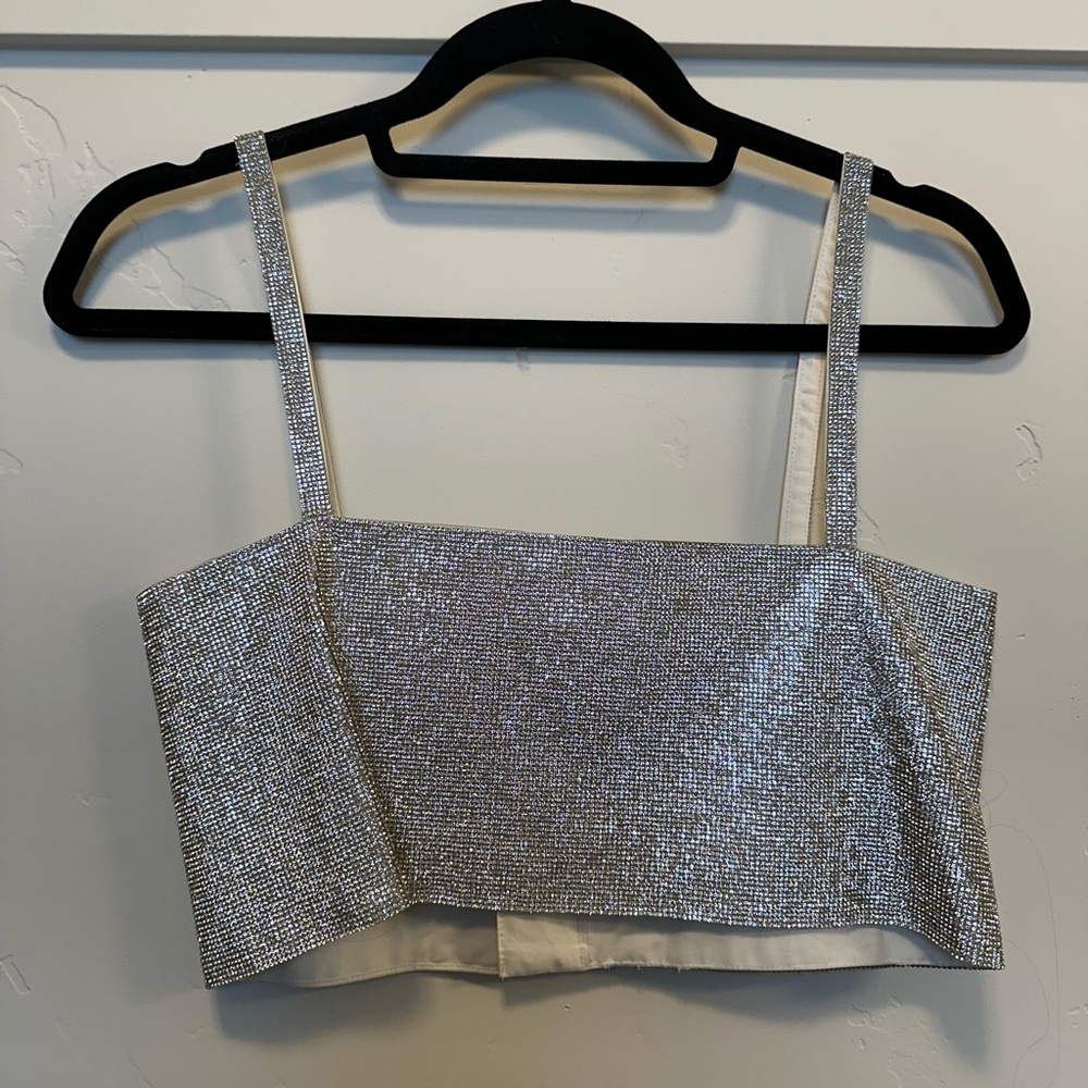 12th Tribe Shira Silver Rhinestone Crop Top Small